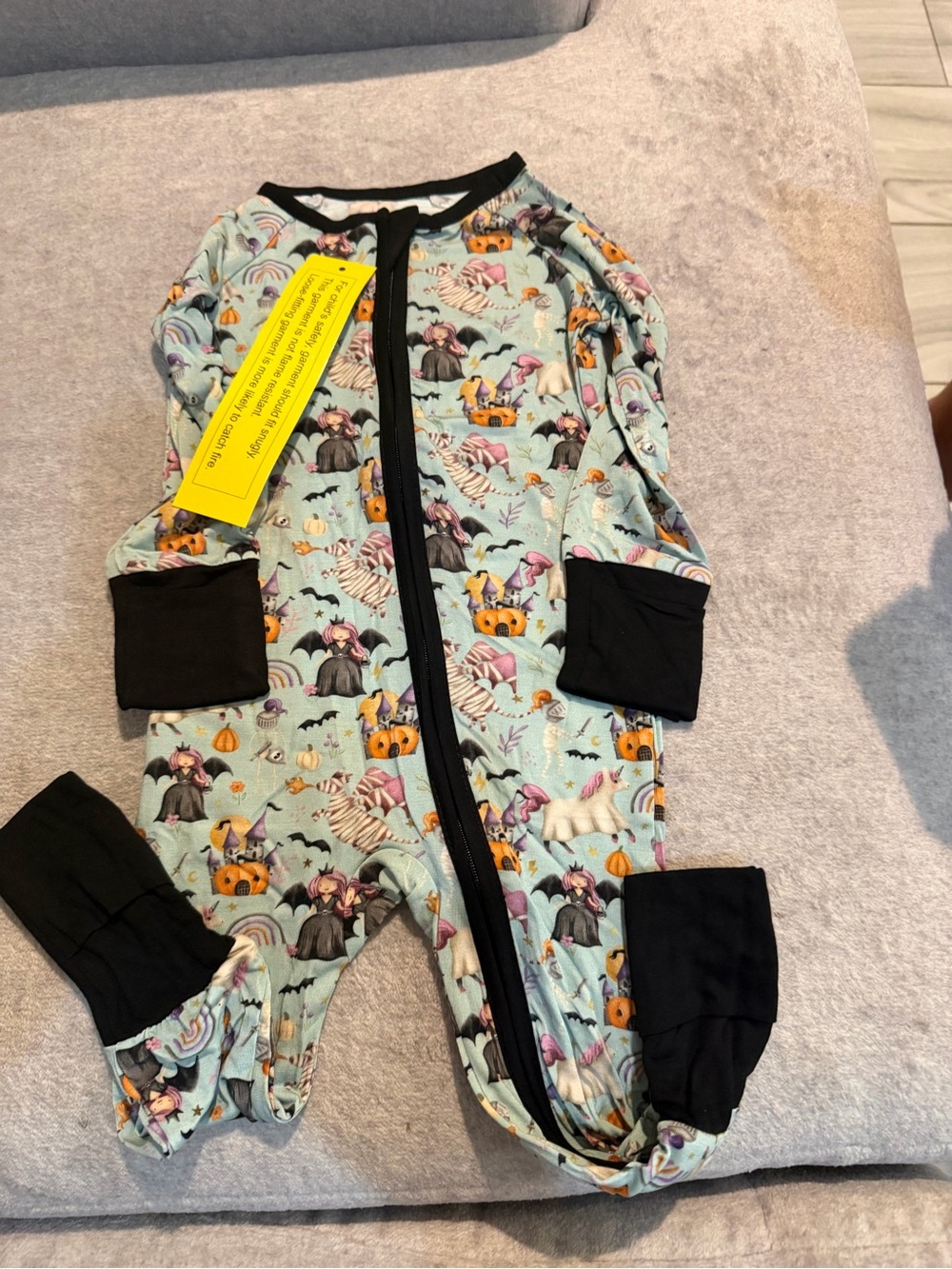 Baby One-Piece Footed Zipper Pajama in Light Aqua with Halloween Print